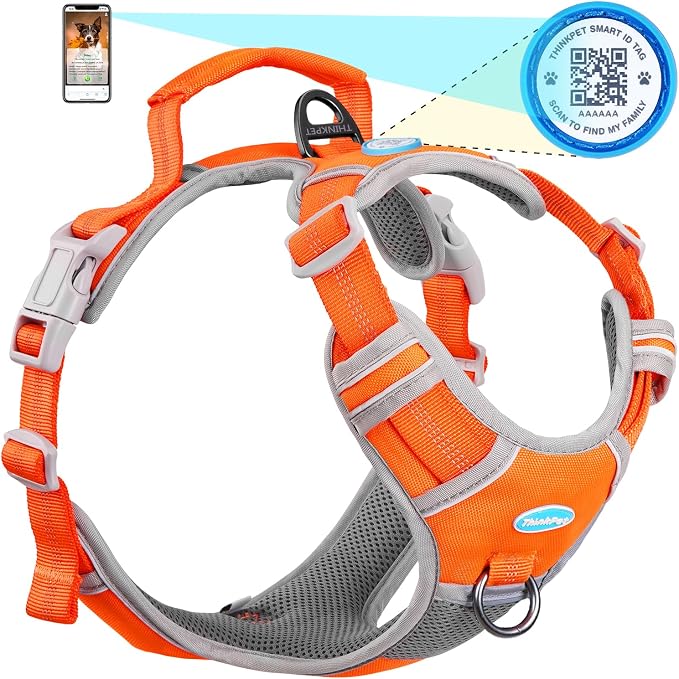 ThinkPet No Pull Harness Breathable Sport Harness with QR Code Dog Tag Reflective Dog Harnesses Smart ID Tagwith Handle Adjustable for Medium Large Dogs Back/Front Clip for Easy Control L Orange