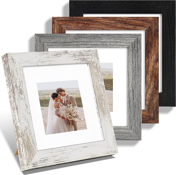 Hongkee 6x6 Picture Frame Set of 4, Made of Real Glass and Multicolour Wooden Frame, 6 by 6 Photo for Wall or Tabletop - Display Picture 4x4 with Mat or 6x6 Without Mat
