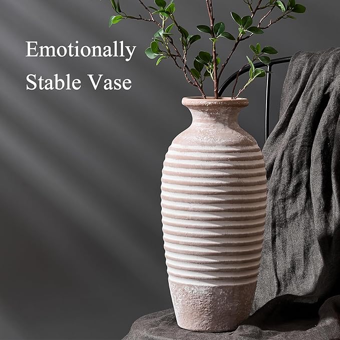 Emotionally Grounded Vase, Vaseking Large Ceramic Rustic Vase, 14.4 inch Minimalist Threaded Decorative Farmhouse Tall Vases for Home Decor, Living Room, Enterway, Table Decoration, Khaki