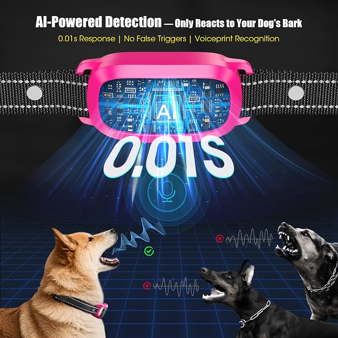 Bark Collar for Small Medium Large Dogs with 5 Training Modes,HotPink | AI Bark Recognition, Effective Anti Barking Device with 5 Sensitivity Levels, Rechargeable IP67 Waterproof Anti Bark Collar