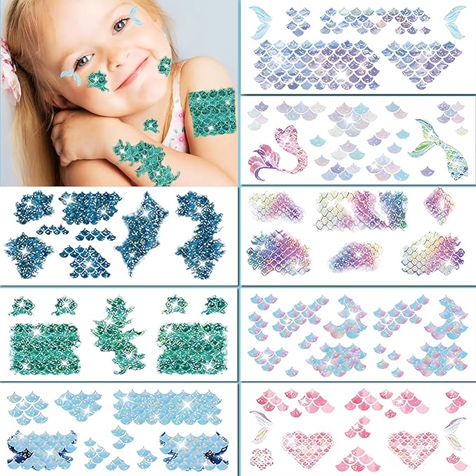 90 Pcs Glitter Mermaid Scale Tattoos for Girls Kids, 10 Sheets Mermaid Scale Temporary Tattoos for Girls Women Birthday Party Supplies Gifts Decorations