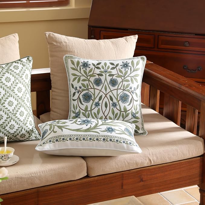 Designer Linen Throw Pillow Cover,Set of 2,18"x18"-Mosella A | Vintage Elegant Square Decor Pillow Cover,Concealed Zipper Design,Floral Pattern,Sofa,Bedroom,Living Room,Lounge Chairs