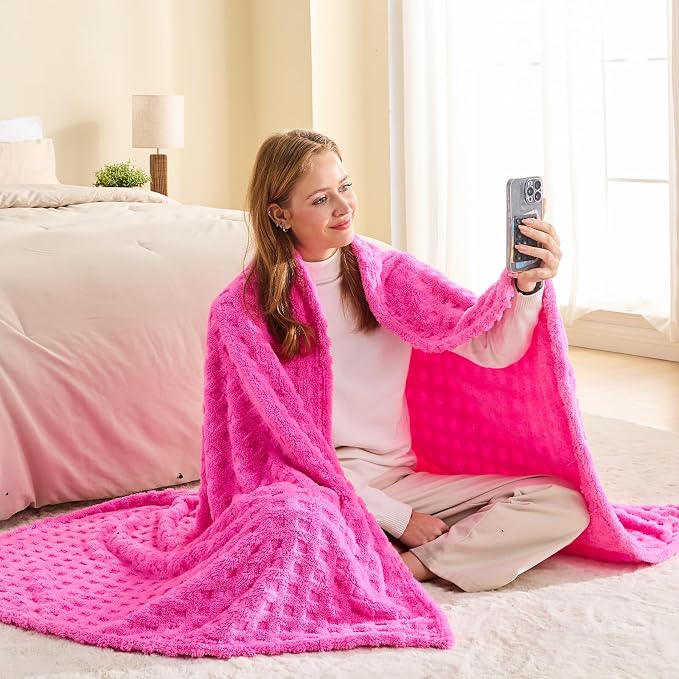 NEWCOSPLAY 3D Waffle Checkered Flannel Queen Blanket, Hot Pink, 90"x90" | Super Soft Cute Lightweight Decorative Premium Silky Fleece Blanket for Couch Sofa Bed, Gift for Women Men, All Season Use
