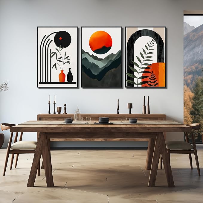 Framed Boho Wall Art for Living Room, Bohemian Canvas Wall-Decor for Bedroom, Mountian Moon and Geometric Shapes Picture Prints, Size 24 x 36 Inches 3-Pieces