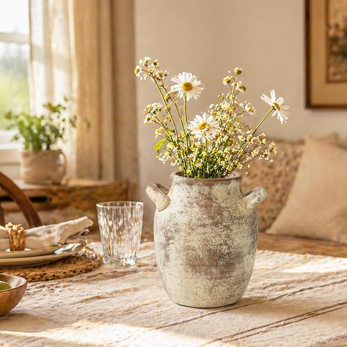 DREAMLOOM 7.2 Inch Ceramic Flower Vase, Terracotta | Double Handles, Farmhouse Vintage, Pottery, Home Decor, Living Room Dining Table Wedding Centerpieces