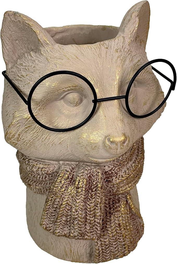 Fox Cement Vase, 8.25 Inch Bespectacled Woodland Planter | Distressed Taupe Finish, Real Black Wire Glasses, Gold-Brushed Knit Scarf, 2.75 Inch Opening for Flowers or Pens