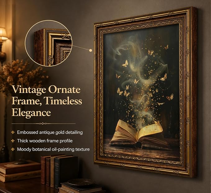 Vintage Gold Framed Victorian Bookish Wall Art Dark Academia Library Fantasy Mystical Canvas Print Reading Nook Butterfly Aesthetic Picture Wall Decor Gothic Bookclub Poster Artwork for Library