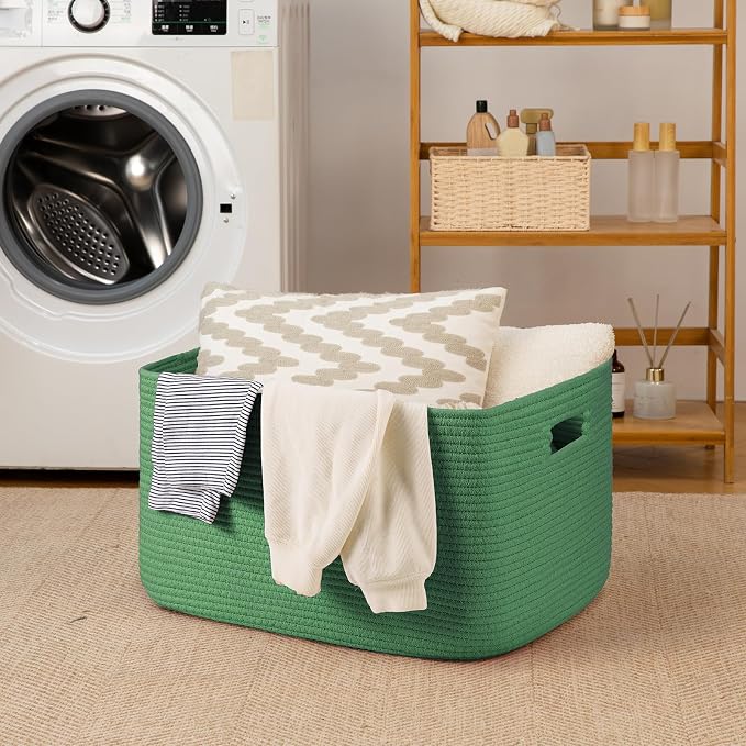 OIAHOMY 75L Large Blanket Basket, Woven Cotton Rope Baskets for Organizing 22”x17”x12”, Blanket Basket living Room, Toy Storage Bins for Nursery, Green