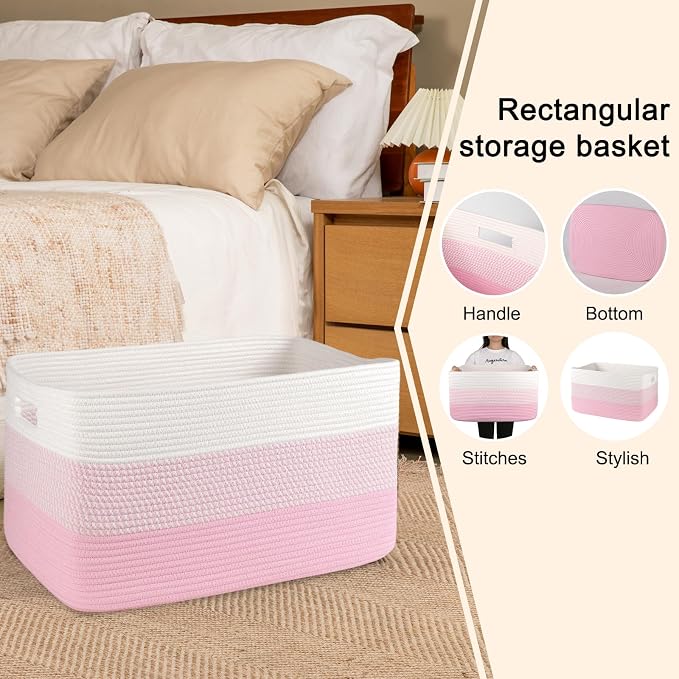 OIAHOMY Large Blanket Basket, 22”x17”x12” Rectangle Woven Baskets, Nursery Blanket Storage Living Room, Toy Storage With Handle, Large Baskets for Organizing - Pink/White