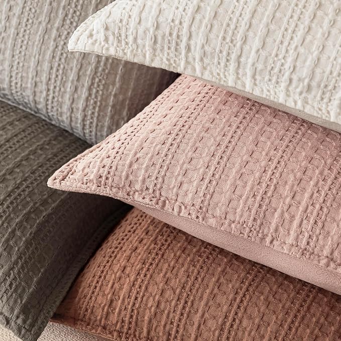 Foindtower Set of 2 Decorative Cotton Waffle Weave Throw Pillow Covers Euro Shams Cushion Covers Accent European Pillowcase for Bed Couch Sofa Bedroom Living Room Home Decor 18×18 Inch Coral Pink