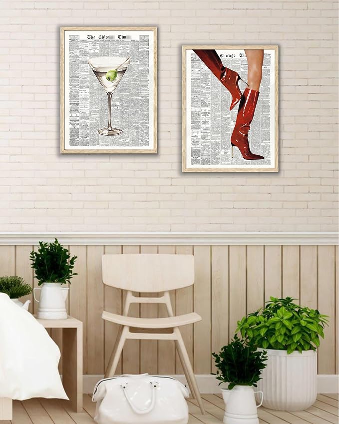 EcoHest Small 8x10 in Martini Newspaper Framed Wall Art for Bar Cart | Natural Oak Wood Frame, Canvas Wall Art, Martini Cocktail Bar Cart Decor for Living Room, Apartment, Dorm Room, Bedroom,1Pack