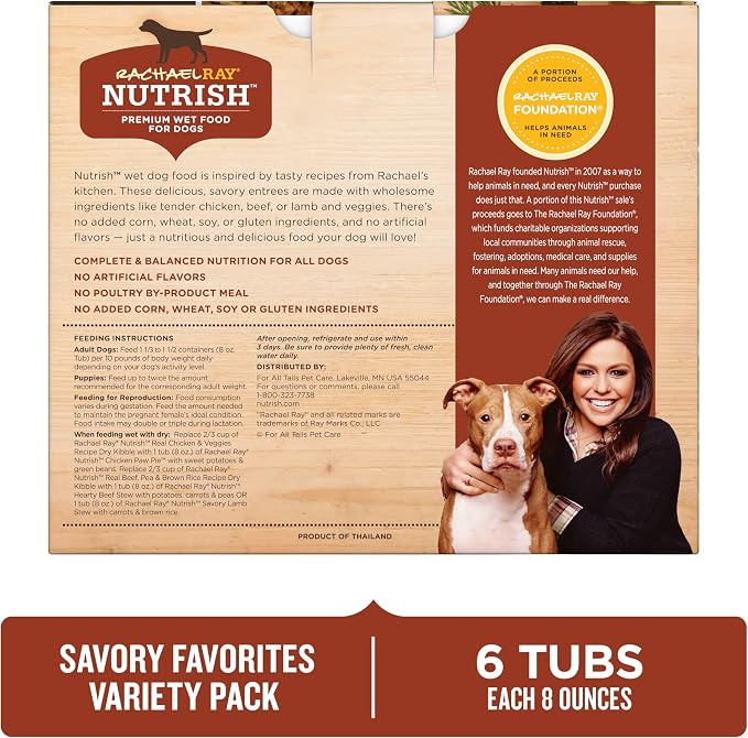 Nutrish Savory Favorites Wet Dog Food Variety Pack, 8 oz Tubs (Rachael Ray) | Pack of 6, Includes 3 Delicious Flavors of Chicken Paw Pie, Hearty Beef Stew & Savory Lamb Stew, No Artificial Flavors