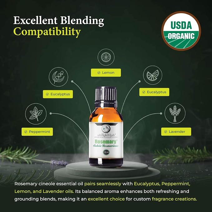 Organic Rosemary Essential Oil Chemotype Cineole | 100% Pure Steam Distilled Rosemary Oil | Fresh Herbaceous Aroma for Diffuser Aromatherapy, Massage Blends & DIY Recipes | Spain - 15ml