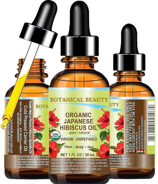 Botanical Beauty Organic HIBISCUS OIL (Hibiscus Sabdariffa) JAPANESE 100 Pure Natural VIRGIN UNREFINED COLD PRESSED Anti Aging, Vitamin E Oil for FACE, SKIN, HAIR GROWTH (1 Fl Oz)