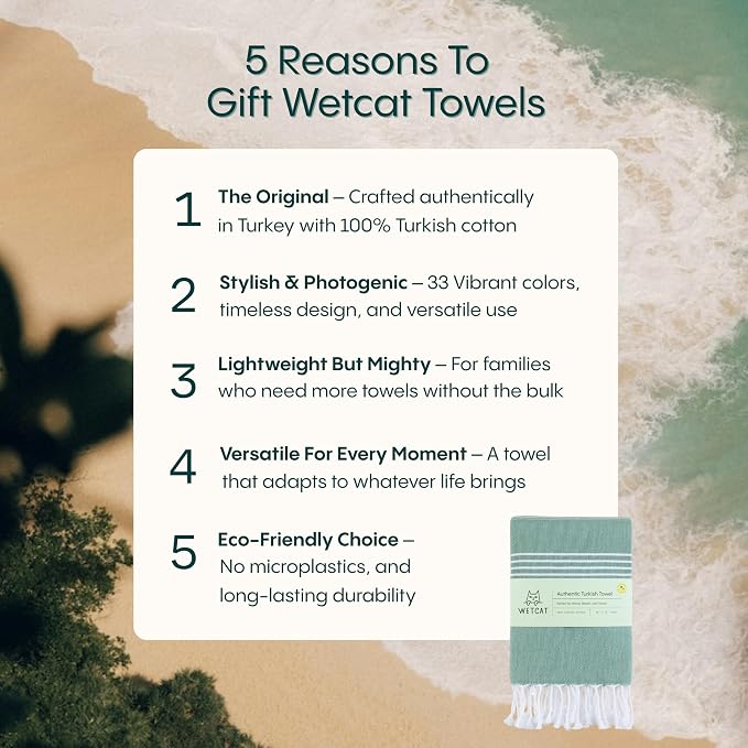 WETCAT Turkish Beach Towel Oversized (38"x71") 100% Turkish Cotton, Made in Turkey - Sand Free, Extra Large, Ultra Soft, Quick Drying, Compact & Lightweight for Travel - Light Blue