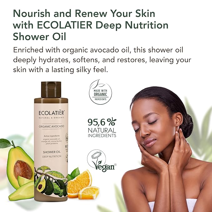 ECOLATIÈR Shower Oil – Organic Avocado Oil – Moisturizing & Nourishing Body Wash for Women, 95.5% Natural, Vegan, for Sensitive Skin - 8.5 Fl Oz (Avocado oil)