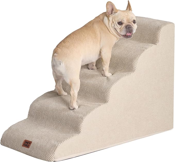 EHEYCIGA Curved Dog Stairs Ramp, 5-Step High Beds, 22.6" H Pet Step | 33D density of pure foam, for Small Dogs and Cats, Pet Stairs for High Bed Climbing, Non-Slip Balanced Indoor, Beige
