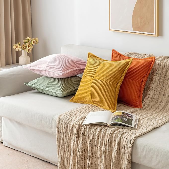 MIULEE Decorative Throw Pillow Covers for Couch 18x18 Inch Pink 2 Pack | Boho Broadside Striped Patchwork Pillow Covers, Soft Corduroy Cushion Cases, For Sofa Bed Livingroom Home Decor