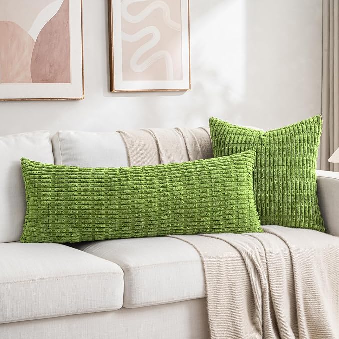 Fancy Homi Decorative Throw Pillow Covers for Bed Couch Bedroom Bench, Soft Corduroy Solid Pillow Case, Rustic Farmhouse Boho Room Decor,36" x 14" (Pack of 1),Lime Green