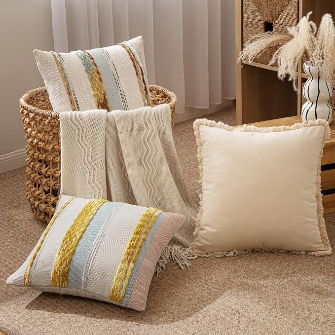 ANRODUO Boho Decorative Pillow Covers 24x24 Blue-Earth Tones Pack of 2 | Throw Pillow Covers, Farmhouse Cushion Case, Chenille Pillow Cases, Pillow Covers, Neutral Pillowcase for Sofa Couch Bed