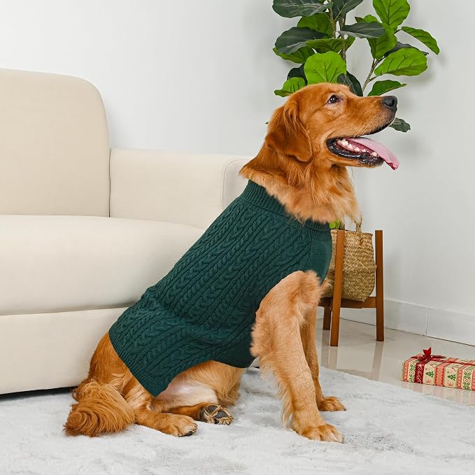 Dog Sweater 2 Pack for Large Dogs, Size XL, Green & Brown | Stretchy cable knit turtleneck, machine washable, high belly cut, comfy winter fit for English Bulldog, Boxer