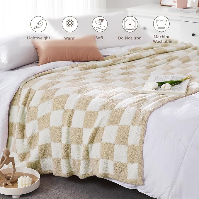 Soft Checkered Throw Blanket for Couch-Cozy Warm Knitted Blankets | Lightweight Warm Fluffy Decor for Women, Mom, Her & Girls, Sofa, Chair, Bed, 50x70in, Beige