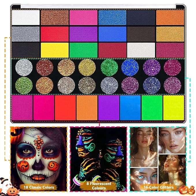 Face Painting kit for Kids Aldult, 42 Colors Non Toxic Face Paint with 16 Face Paint Crayons, 6 Reusable Face Painting Stencils, 60 Sticky Stencils for Kids, 4 Stickers, for Parties, Halloween