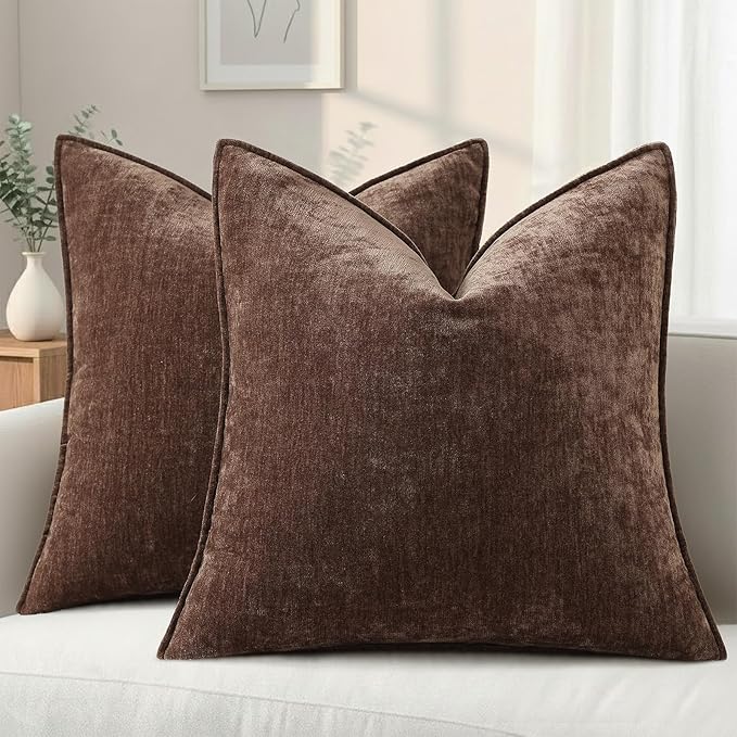 decorUhome Chenille Dark Brown Velvet Throw Pillow Covers 26x26 Set of 2 | Fall Soft Euro Sham Couch Decorative Modern Farmhouse Pillow Cases with Elegant Design for Sofa Bed Living Room Home Decor