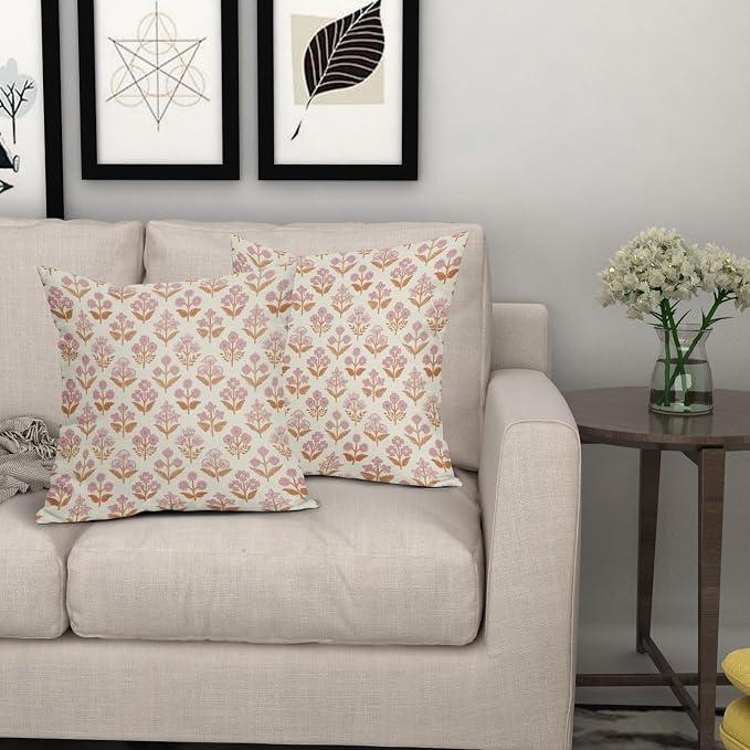 Orange Pink Floral Pillow Covers 24x24 Inch Set of 2, Vintage Flower Block Print Pattern Decorative Throw Pillowcases Outdoor Farmhouse Cushion Covers Spring Summer Rustic Sofa Couch Bed Decor