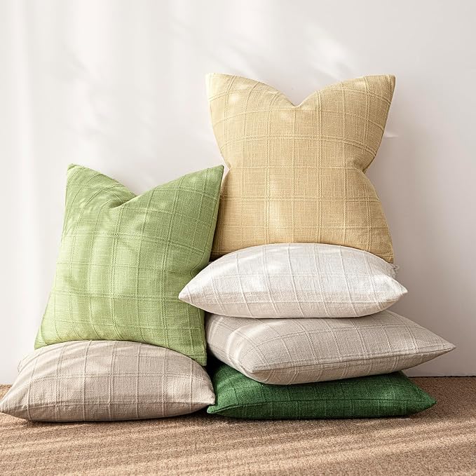 Foindtower Set of 2 Decorative Linen Check Throw Pillow Covers Neutral Farmhouse Vintage Cushion Covers Modern Boho Accent Home Decor for Sofa Chair Couch Bedroom Living Room,20×20 Inch,Light Yellow