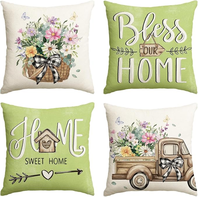 AVOIN colorlife Bless Our Home Eucalyptus Leaves Throw Pillow Covers, 18 x 18 Inch Spring Truck Cushion Case for Home Sofa Couch Set of 4