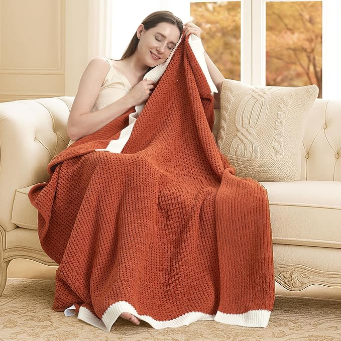 Chenille Throw Blanket, Soft Cozy Waffle Throw for Couch & Sofa, Warm Yet Lightweight, Breathable All-Season Throws for Women Men, Housewarming, Birthdays, 50"x60", Orange