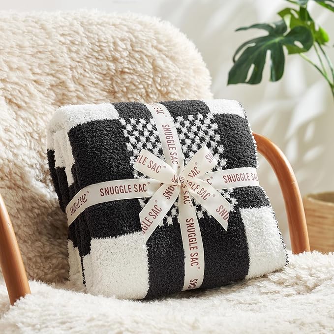 Snuggle Sac Checkered Blanket, Black Throw Blanket for Couch Plaid Microfiber Fluffy Warm Fuzzy Cozy Soft Throw Blanket Reversible Checkerered Blankets for Sofa, Chair, Bed, 50x60 inches