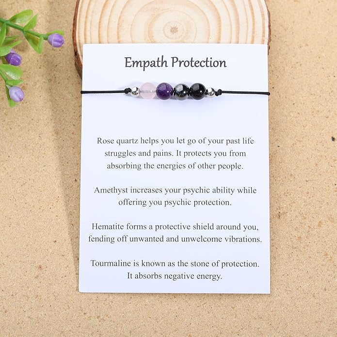 Korotho Empath Protection Bracelet Empath Bracelets Gifts for Her Natural Healing Crystal Beaded Bracelet, Tourmaline, Amethyst, Hematite, Rose Quartz, Jewelry for Best Friends Daughter Mom