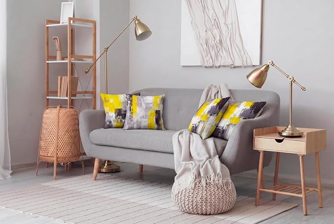 Yellow Grey Abstract Throw Pillow Covers 18x18 Set of 4 | Mustard Yellow & Grey Modern‑Art Cushion Cases, neutral aesthetic pillowcases for sofa, bedroom & chair.