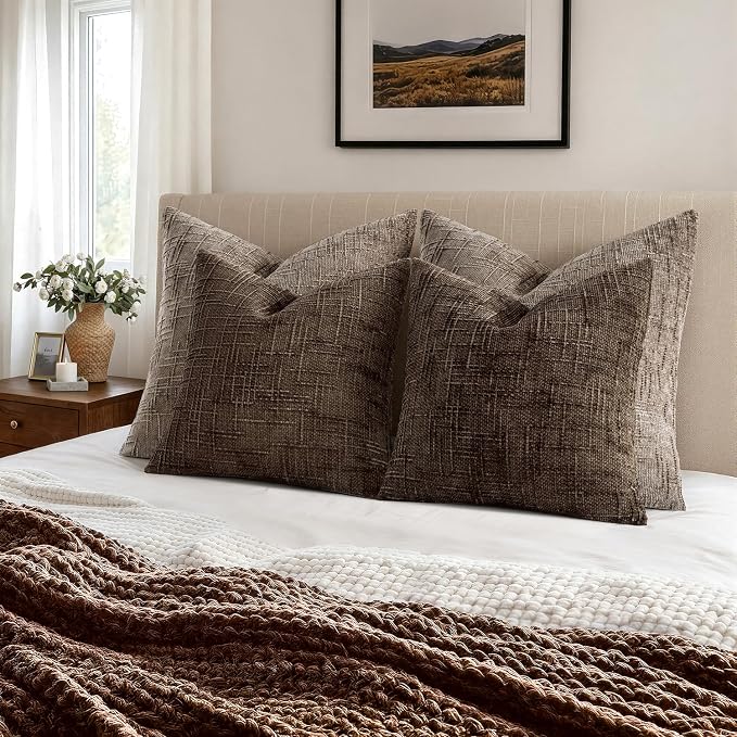 MIULEE Chenille Textured Throw Pillow Covers Reddish Brown 20x20 Set of 2 | Slubby Decorative Pillows, Boho Farmhouse Fall Home Decor, Modern Neutral Cushion Covers for Couch Sofa Bed Living Room