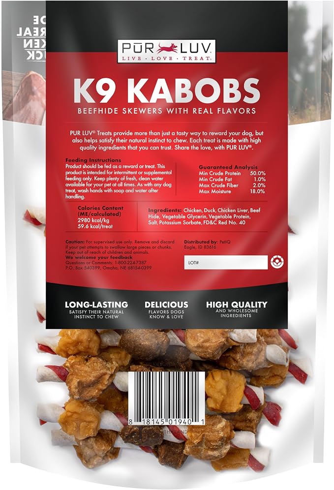 Pur Luv Dog Treats, K9 Kabobs Made with Real Chicken and Duck, 12 Ounces, Dog Snacks, Healthy, Easily Digestible, Long-Lasting, High Protein Treat, Satisfies Urge to Chew | Triple-flavor chew: chicken, chicken liver & duck wrapped on sweet potato skewe...