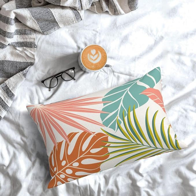 Summer Tropical Pillow Covers 12x20 Set of 2, Monstera Palm Leaf Pillowcase Green Orange Botanical Coral Summer Throw Pillows Outdoor Decor Farmhouse Cushion Case Linen Decorative for Home