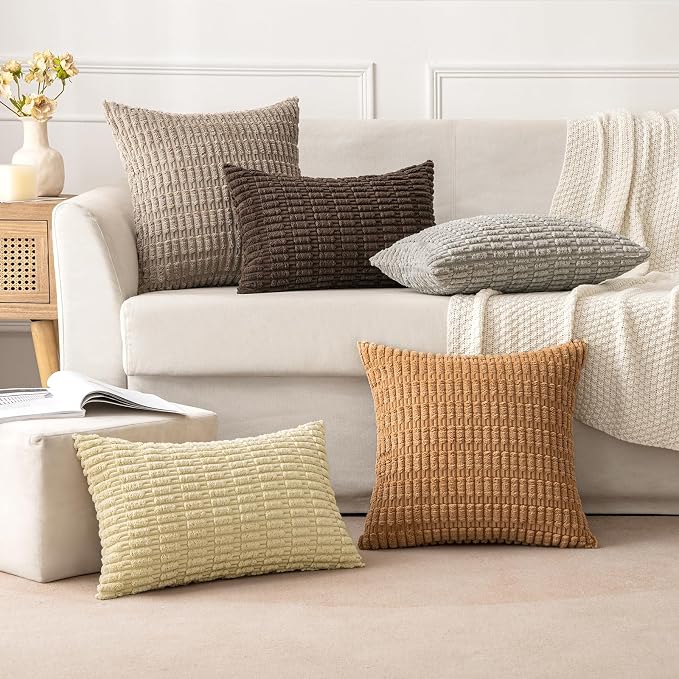 MIULEE Euro Sham Corduroy Decorative Throw Pillow Covers 24x24 Brown | Pack of 2 Soft Boho Striped Pillow Covers Modern Farmhouse Fall Home Decor For Sofa Living Room Couch Bed