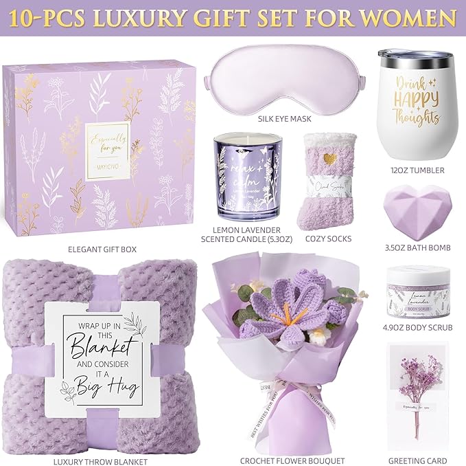 Birthday Gifts for Women, Spa Self Care Package Get Well Soon Gift Baskets | Sympathy Gift Set w/ Crochet Flower Bouquet, Christmas Thinking of You Gifts Basket for Women Mom Her Best Friend Sister Wife