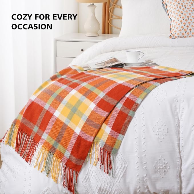 Fall Plaid Throw Blanket for Couch, Orange Plaid Blankt 50"x60", Fall Decor | Burnt Orange Throw Blanket, Soft Decorative Woven Blanket with Tassels, Rustic Farmhouse Style Blanket Throw for Bed Sofa