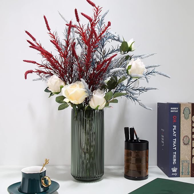 Large Cylinder Ribbed Green Glass Flower Vase for Farmhouse Dining Table Centerpieces Decor