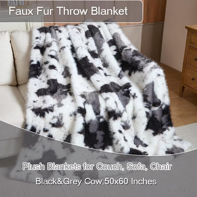 Luxury Fluffy Faux Fur Throw Blanket,Thick Fluffy Silky Fuzzy Cozy Blanket,Plush Blankets for Couch, Sofa, Chair, Bed-Black&Grey Cow-50 * 60inch