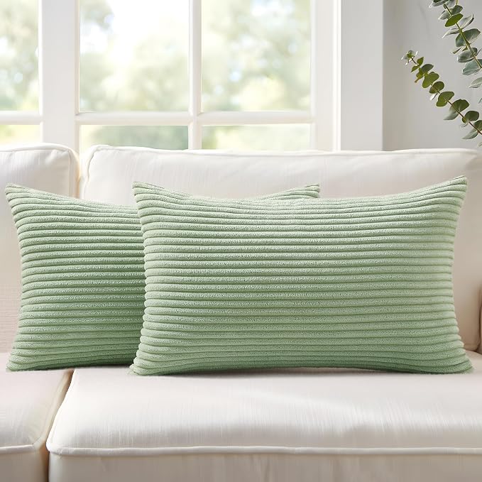 Mecatny Corduroy Decorative Throw Pillow Covers 12x20 Set of 2 Sage Green | Soft Striped Texture, Hidden Zipper Design, Neutral Boho Lumbar Pillow Cases for Sofa Couch Living Room Bedroom, Home Décor