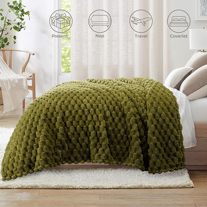 Whale Flotilla Soft Fleece King Size Bed Blanket 3D Jacquard, Olive Green | Lightweight Breathable Coverlet Bedspread for All Seasons, Super Cozy Plush Fluffy Fuzzy Decorative Blanket for Bed, 90"x104"