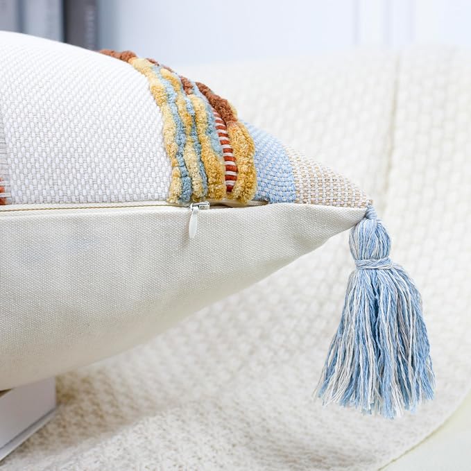 PANOD Boho Long Lumbar Throw Pillow Cover 16 x 36 Blue Brown, Chenille Morocan Extra Long Pillow Case Cover, Decorative Long Pillow for Bed Couch Sofa Farmhouse