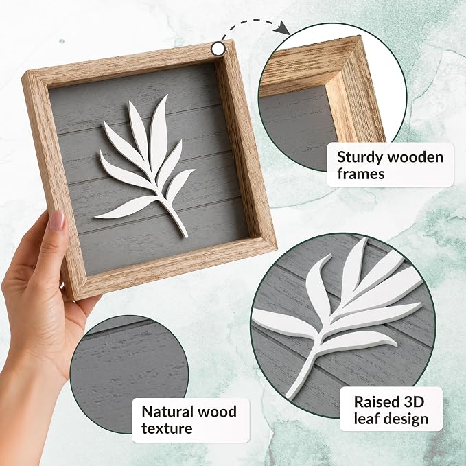 Tide and Tales 3d Framed Wall Art, Set of 4, Farmhouse Wall Decor | 7" x 7", Lightweight Wood, Bathroom Wall Decor, Botanical Leaf Pictures for Bedroom, Office or Living Room, Hardware Included