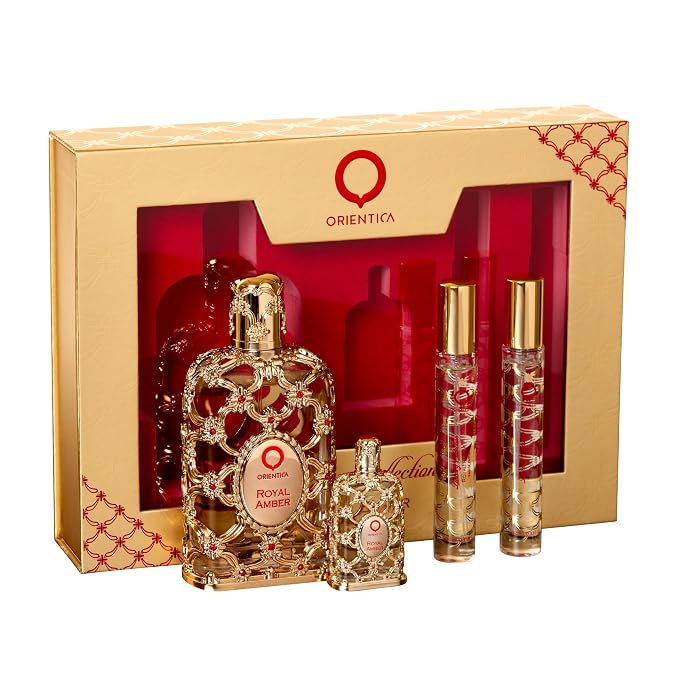 Orientica Royal Amber 4-Pc Gift Set Eau De Parfum - Fruity, Gourmand, Amber, Woody, Vanilla, Bergamot, Melon, Pineapple| Arabic Perfume for Women - 2.7oz spray, 2 x 10ml spray, 7.5ml splash