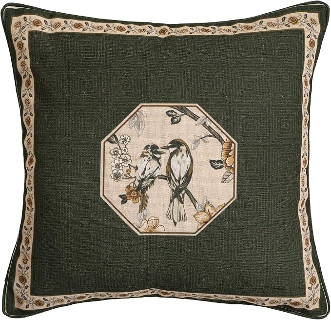 Vintage Elegant Linen Square Throw Pillow Cover,18"x18"-Murad E | Designer French Green Pillow Cover,Concealed Zipper Design,Floral and Bird Pattern,Sofa,Bedroom,Living Room,Lounge Chairs