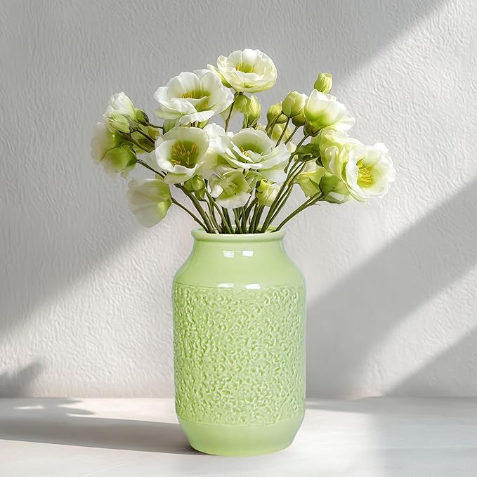 Green Ceramic Vase for Flowers, 9 Inch Decorative Vase for Pampas Grass, Modern Texture Vases for Home Decor, Table Shelf, Kitchen, Living Room Decor